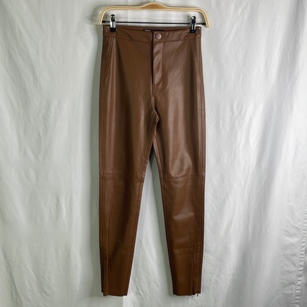 Zara cognac faux leather pants zippers at ankles